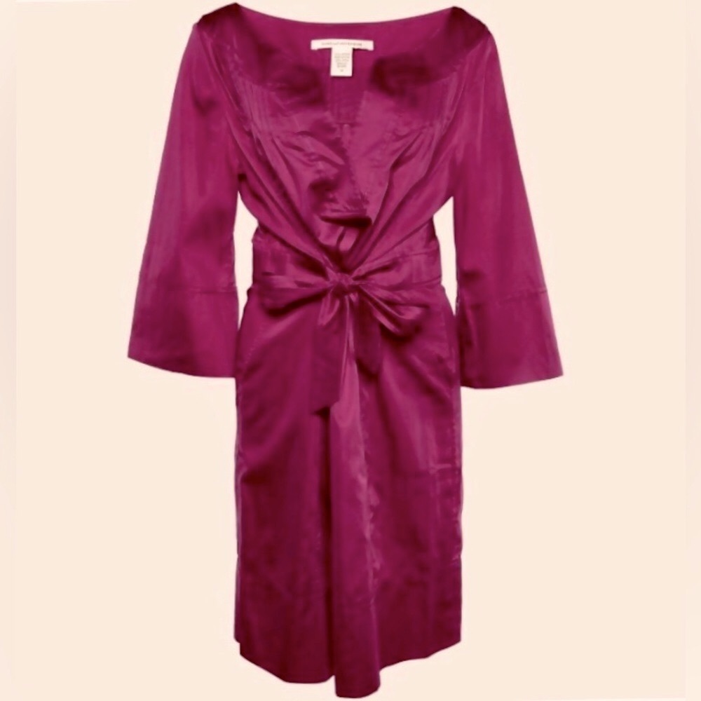DVF Faustine Cotton Magenta Dress V-neck Fucsia Long Sleeve Pin Tuck Size 12 EUC